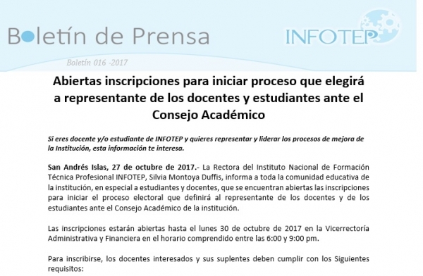 Abiertas inscripciones para postularse como representante de los docentes y estudiantes a  - infotep